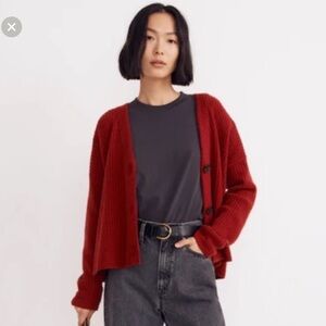 Madewell Cameron Ribbed Cardigan Sweater in Coziest Yarn, Wild Cranberry (Red)XL
